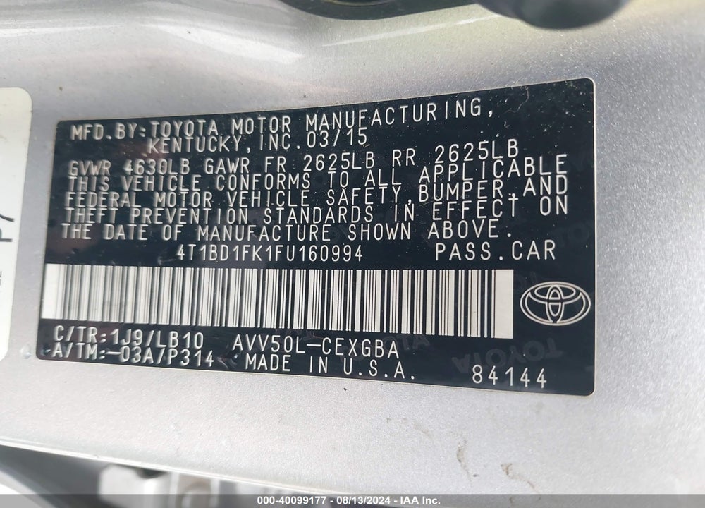 2015 TOYOTA CAMRY HYBRID XLE VIN: 4T1BD1FK1FU160994