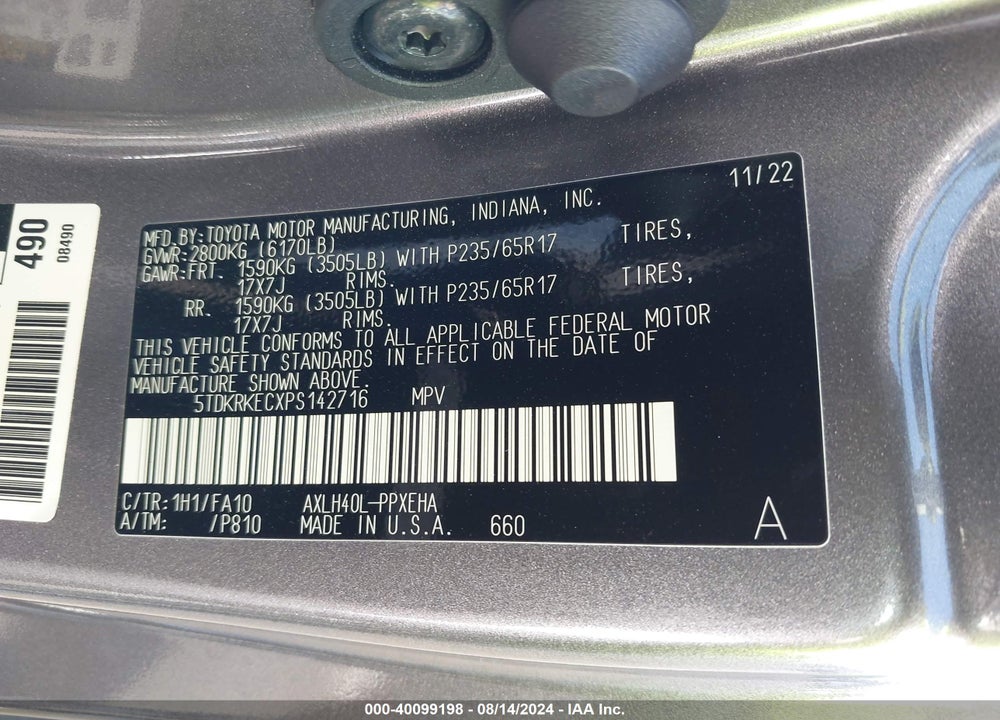 2023 TOYOTA SIENNA LE VIN: 5TDKRKECXPS142716