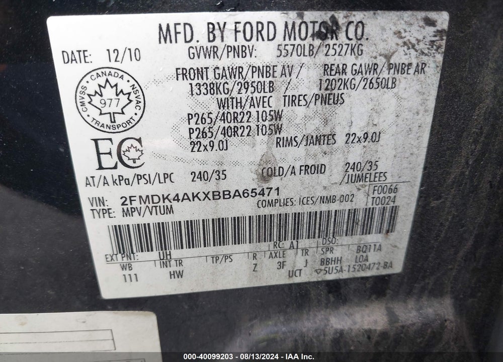 2011 FORD EDGE SPORT VIN: 2FMDK4AKXBBA65471