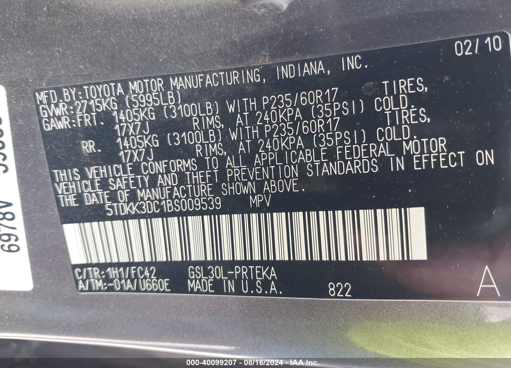 2011 TOYOTA SIENNA LE V6 VIN: 5TDKK3DC1BS009539