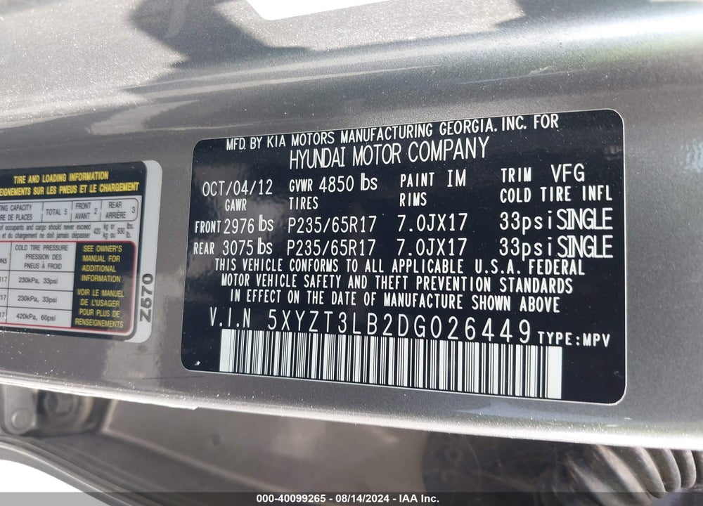 2013 HYUNDAI SANTA FE SPORT VIN: 5XYZT3LB2DG026449