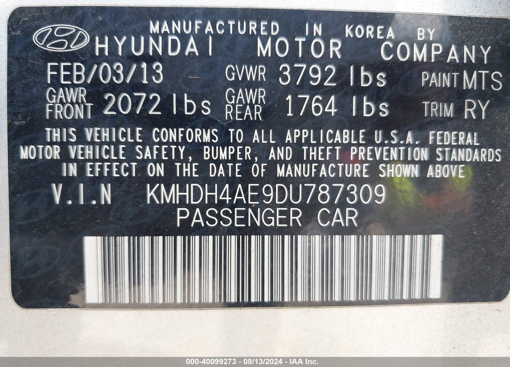 2013 HYUNDAI ELANTRA LIMITED VIN: KMHDH4AE9DU787309