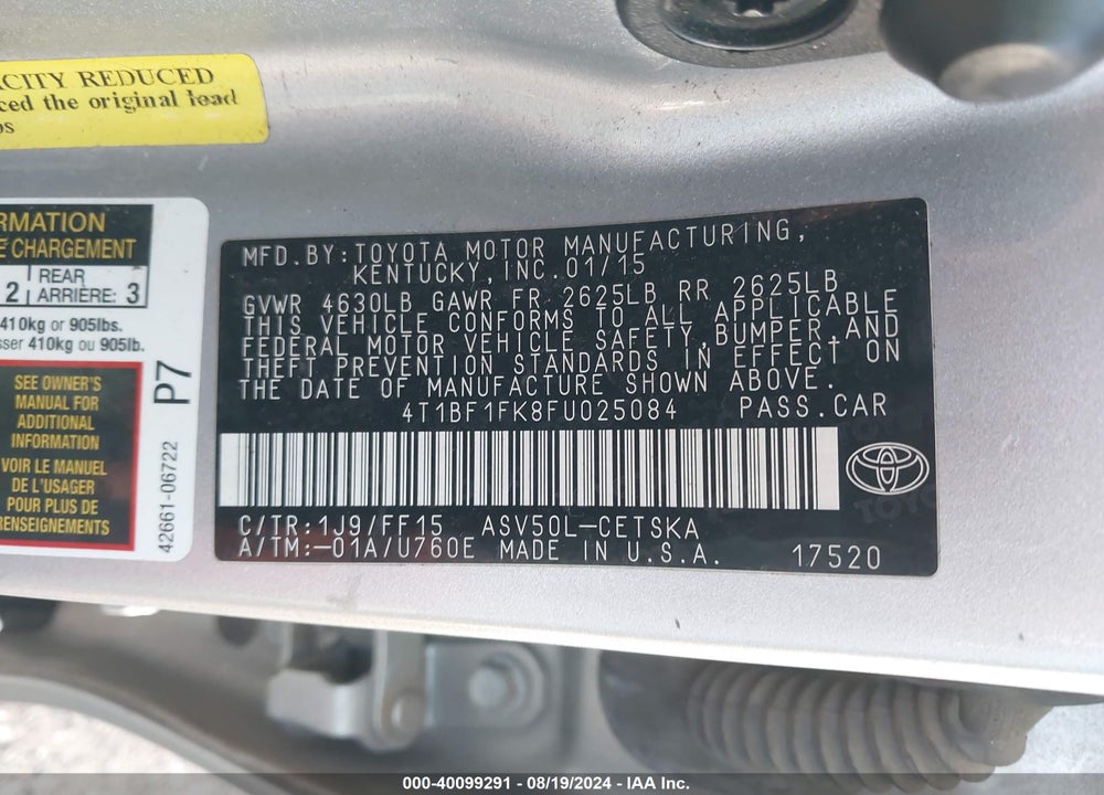 2015 TOYOTA CAMRY SE VIN: 4T1BF1FK8FU025084