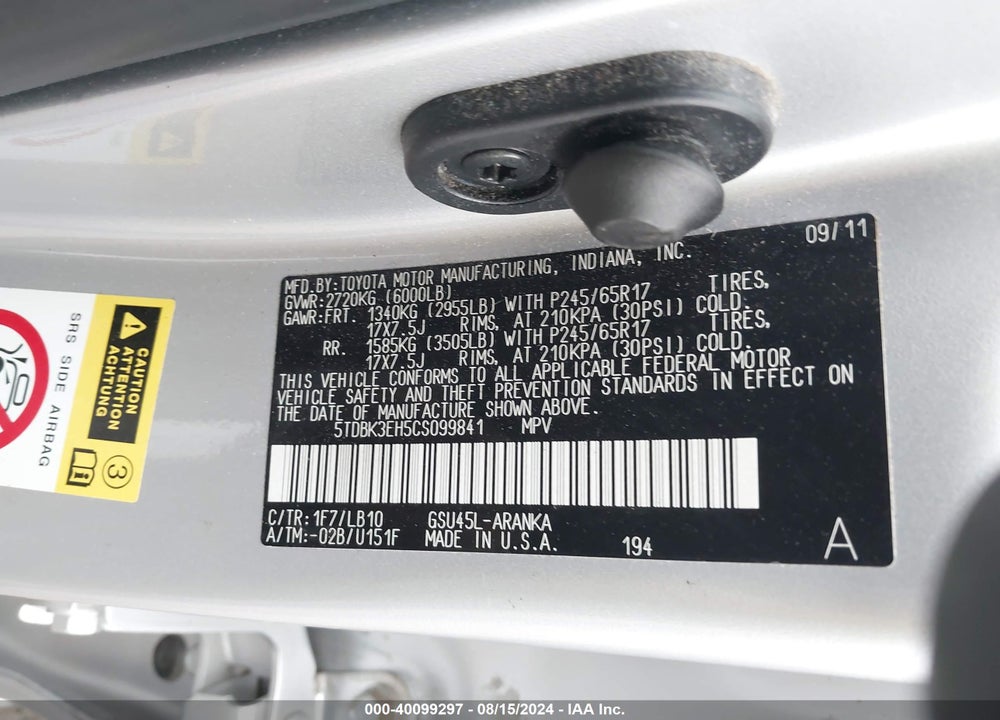 2012 TOYOTA HIGHLANDER SE V6 VIN: 5TDBK3EH5CS099841