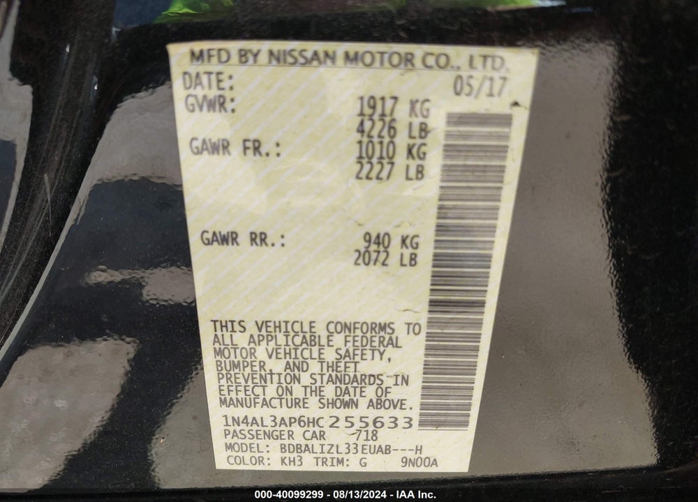 2017 NISSAN ALTIMA 2.5 SV VIN: 1N4AL3AP6HC255633