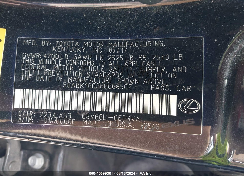 2017 LEXUS ES VIN: 58ABK1GG3HU068507
