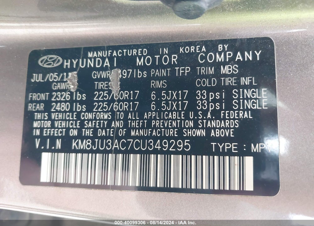 2012 HYUNDAI TUCSON GLS VIN: KM8JU3AC7CU349295