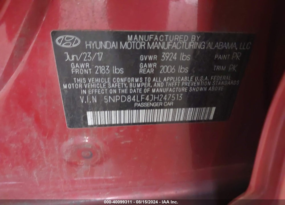 2018 HYUNDAI ELANTRA SEL VIN: 5NPD84LF4JH247513