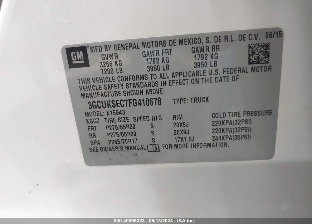 2015 CHEVROLET SILVERADO 1500 1LZ VIN: 3GCUKSEC7FG410678