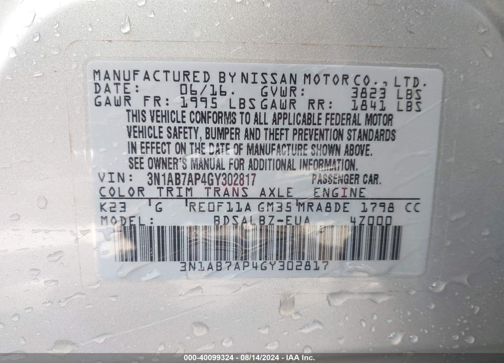 2016 NISSAN SENTRA S VIN: 3N1AB7AP4GY302817