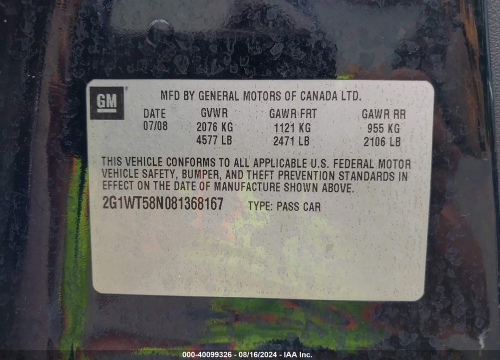 2008 CHEVROLET IMPALA LT VIN: 2G1WT58N081368167