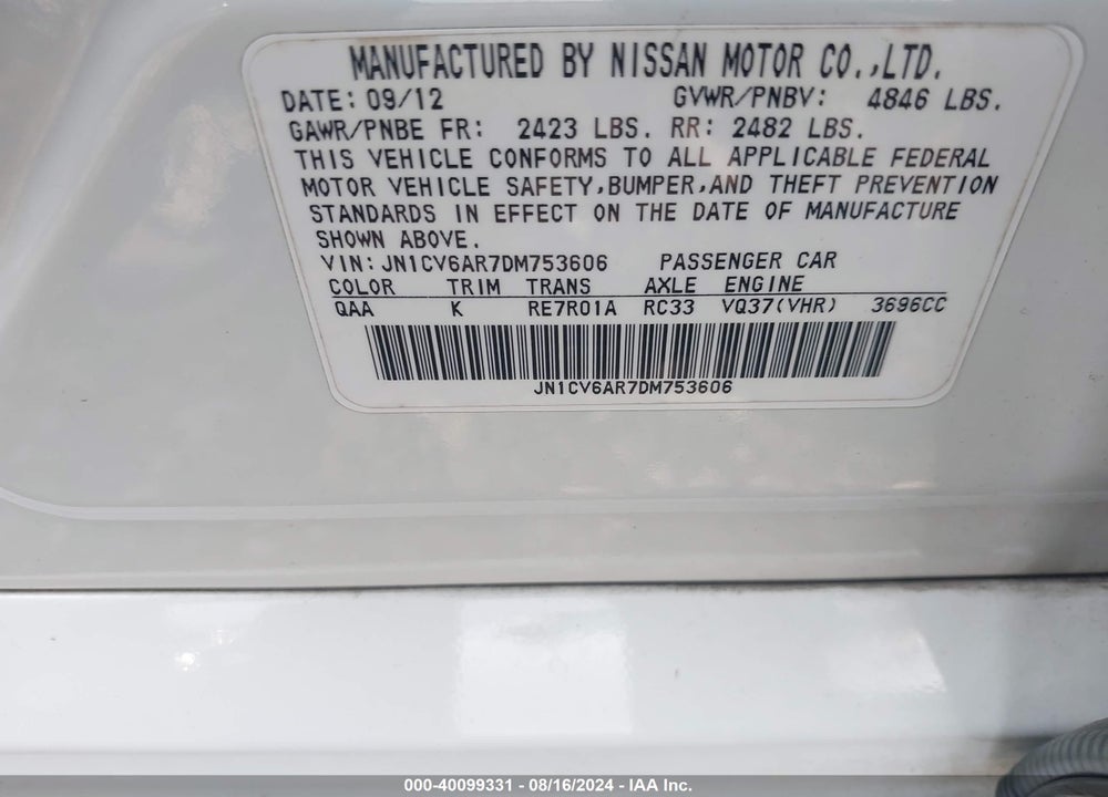 2013 INFINITI G37X VIN: JN1CV6AR7DM753606