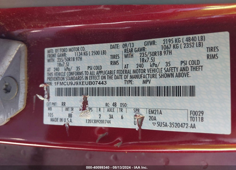 2014 FORD ESCAPE TITANIUM VIN: 1FMCU9J9XEUB07443