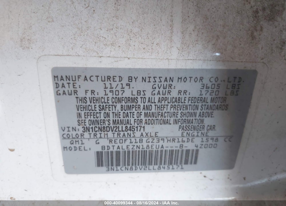2020 NISSAN VERSA S XTRONIC CVT VIN: 3N1CN8DV2LL845171
