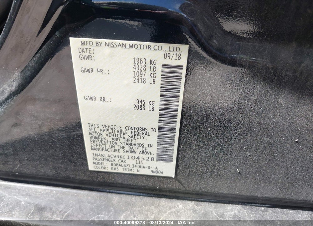 2019 NISSAN ALTIMA 2.5 SR VIN: 1N4BL4CV4KC104528