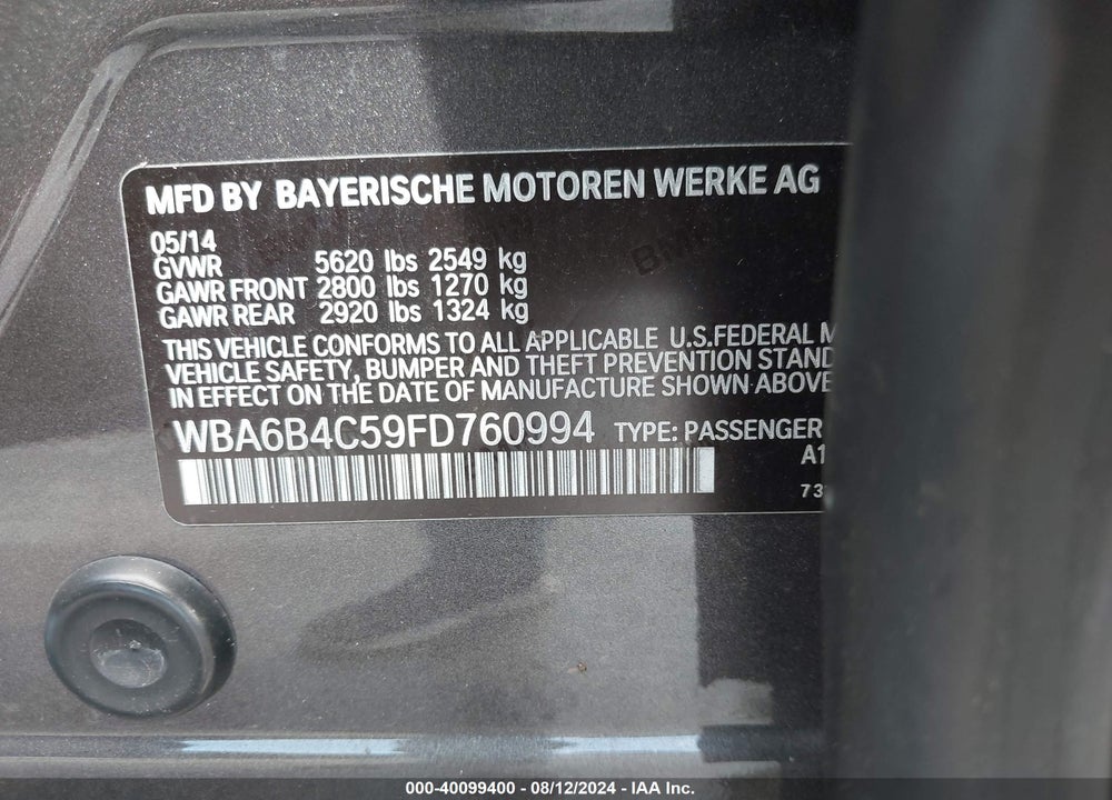 2015 BMW 650I GRAN COUPE XDRIVE VIN: WBA6B4C59FD760994