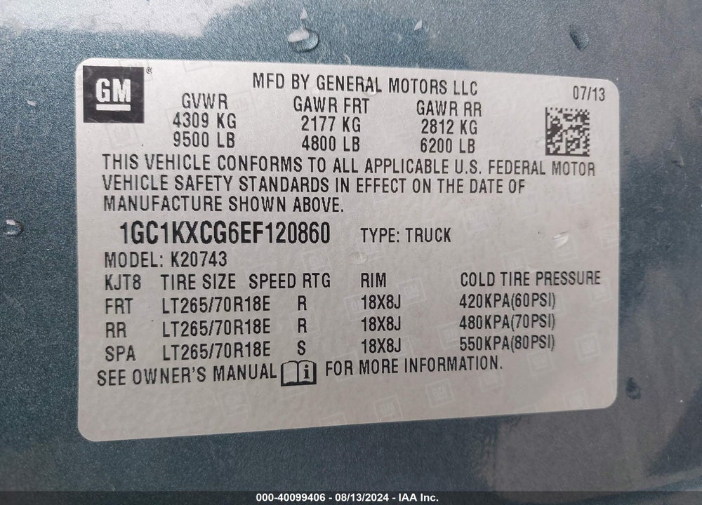 2014 CHEVROLET SILVERADO 2500HD LT VIN: 1GC1KXCG6EF120860