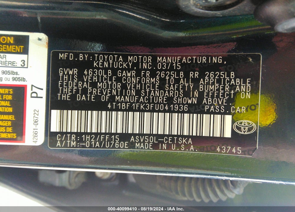 2015 TOYOTA CAMRY SE VIN: 4T1BF1FK3FU041936