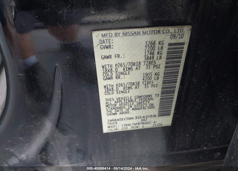 2011 NISSAN TITAN SV VIN: 1N6BA0EC0BN304098