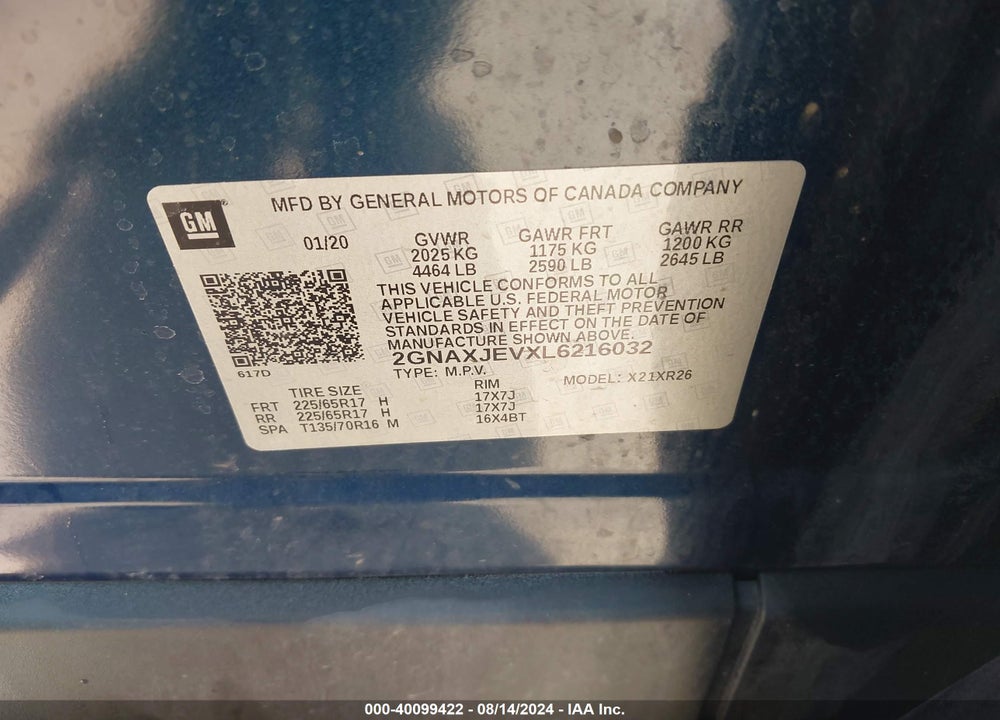 2020 CHEVROLET EQUINOX FWD 2FL VIN: 2GNAXJEVXL6216032