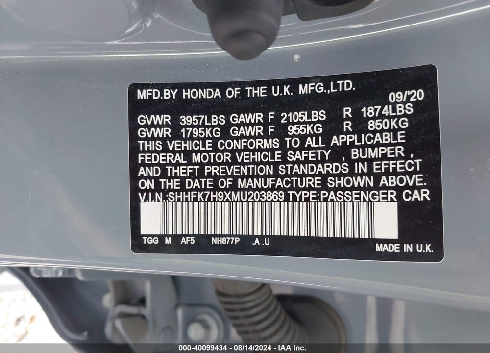 2021 HONDA CIVIC VIN: SHHFK7H9XMU203869