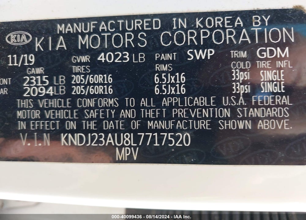 2020 KIA SOUL LX VIN: KNDJ23AU8L7717520