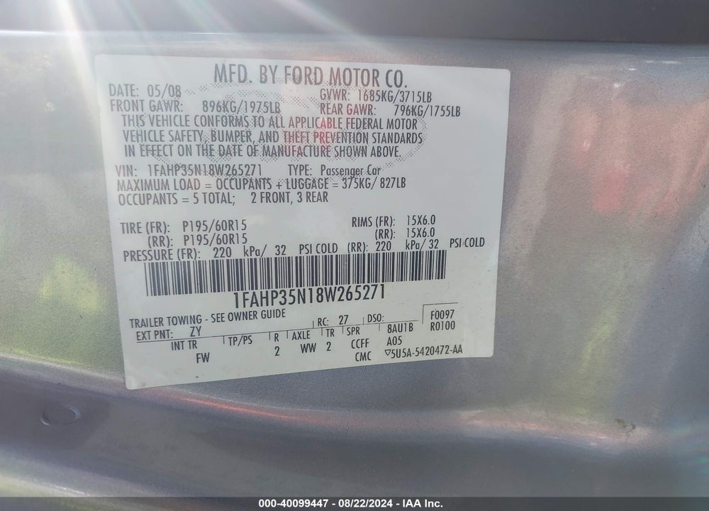 2008 FORD FOCUS SE/SES VIN: 1FAHP35N18W265271