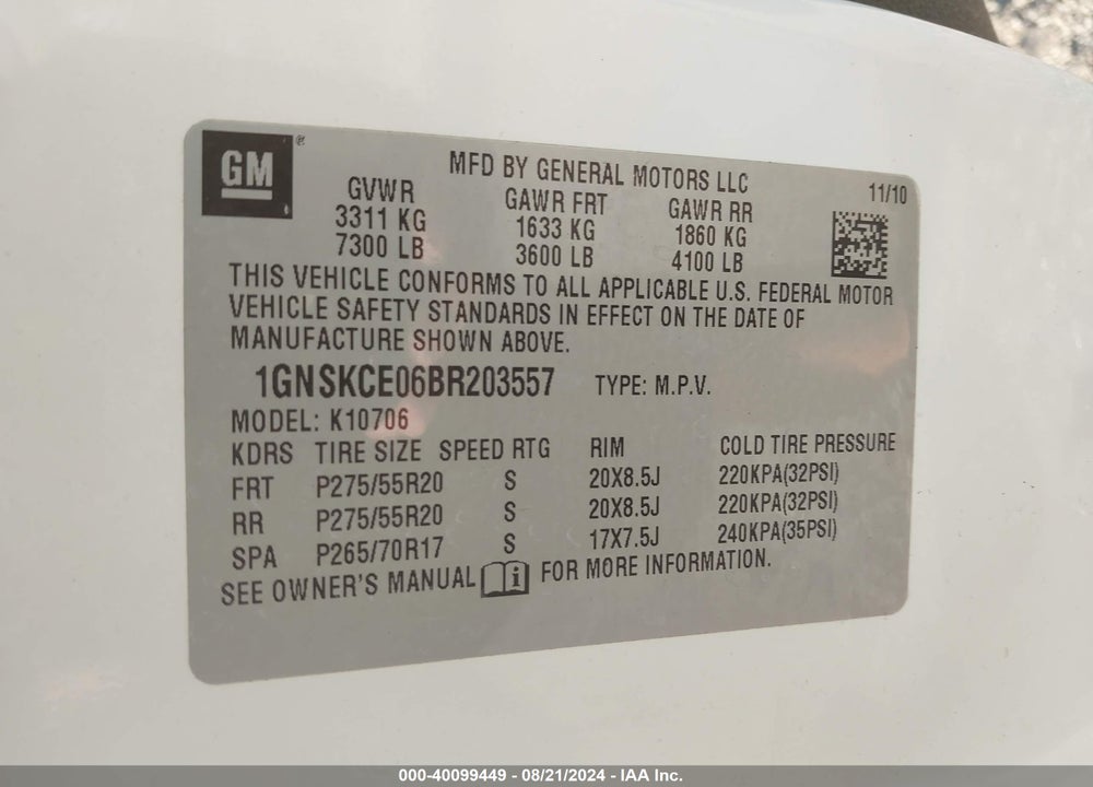 2011 CHEVROLET TAHOE LTZ VIN: 1GNSKCE06BR203557