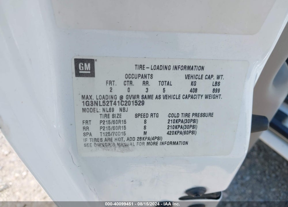 2001 OLDSMOBILE ALERO GL1 VIN: 1G3NL52T41C201529