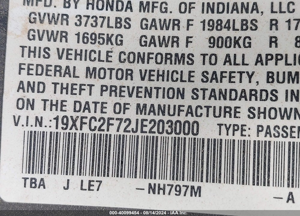 2018 HONDA CIVIC EX VIN: 19XFC2F72JE203000
