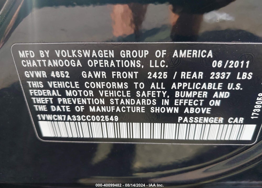 2012 VOLKSWAGEN PASSAT 2.0L TDI SEL PREMIUM VIN: 1VWCN7A33CC002549