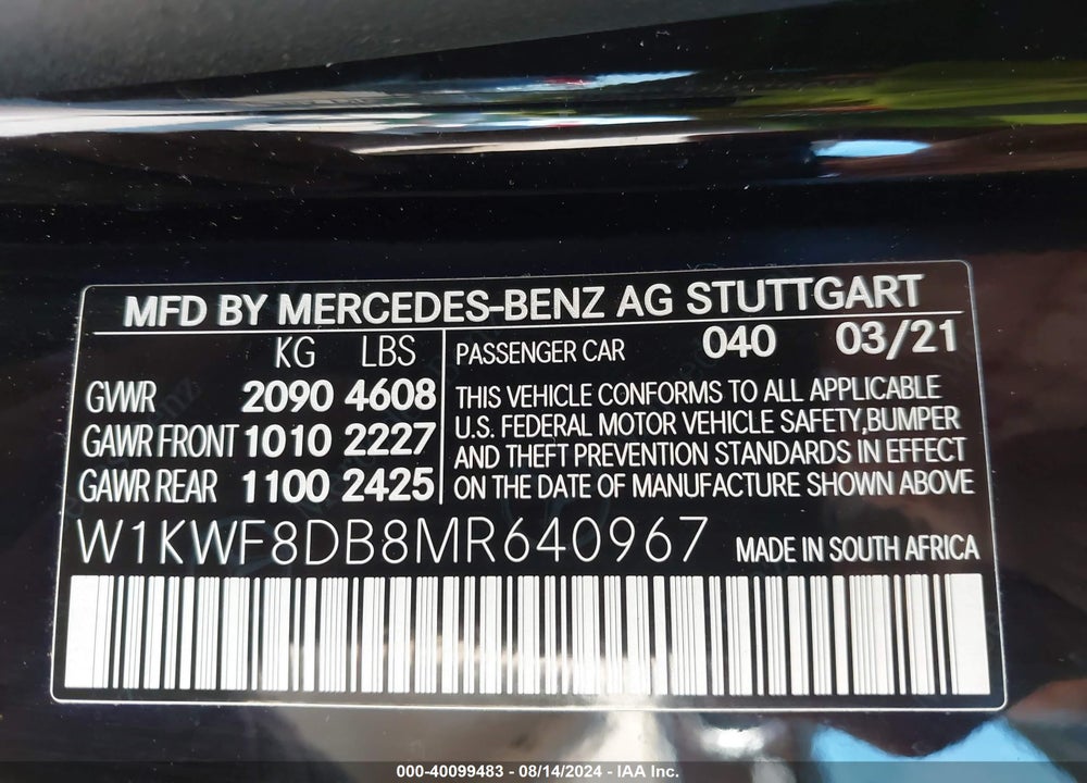 2021 MERCEDES-BENZ C 300 SEDAN VIN: W1KWF8DB8MR640967