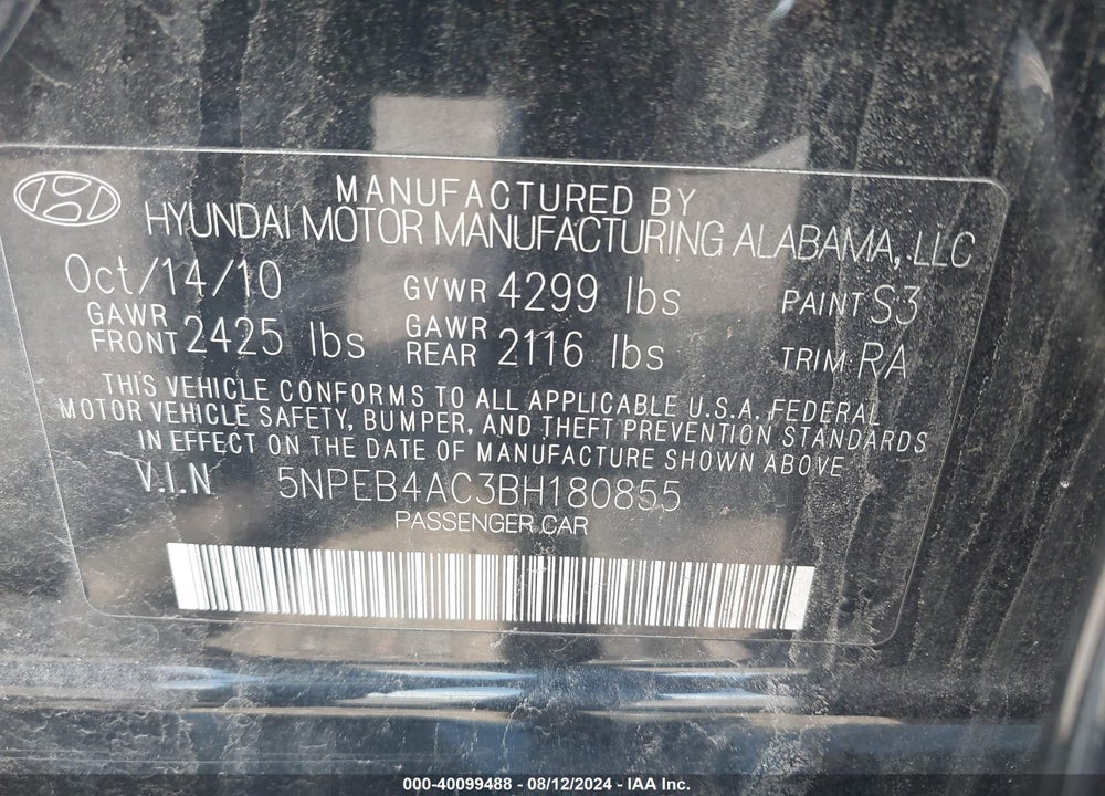 2011 HYUNDAI SONATA GLS VIN: 5NPEB4AC3BH180855