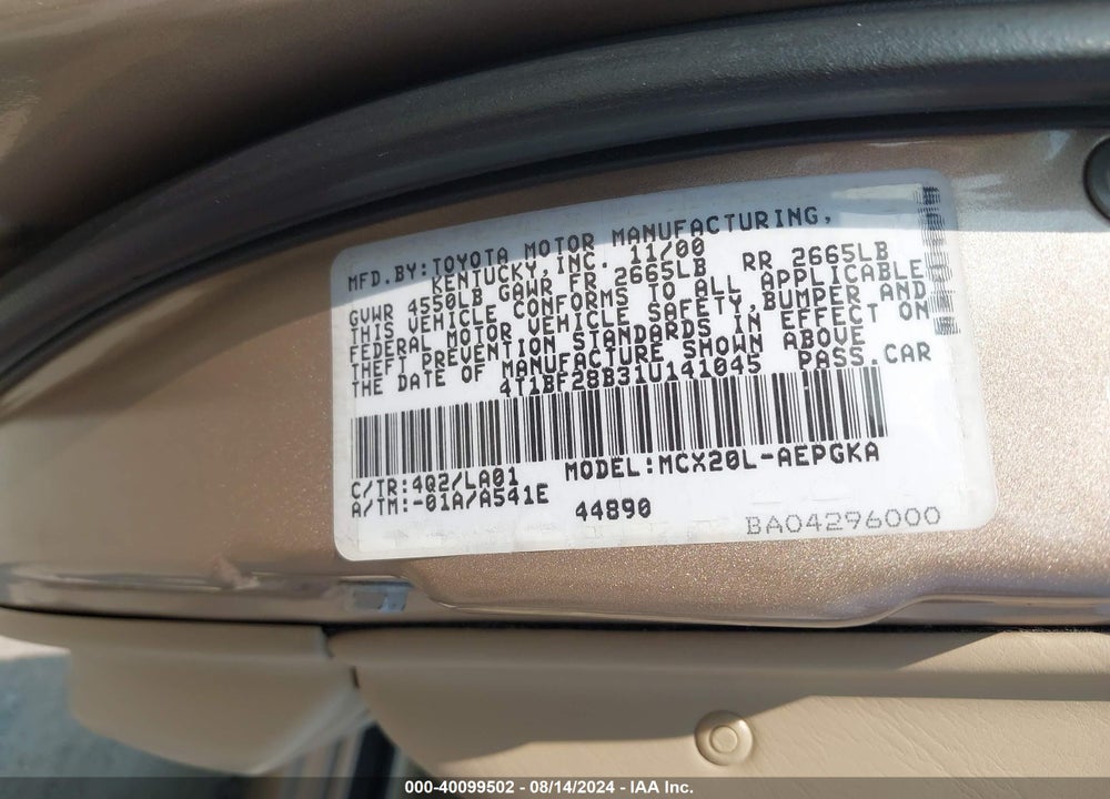 2001 TOYOTA AVALON XLS VIN: 4T1BF28B31U141045