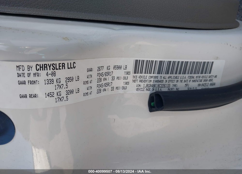 2008 JEEP GRAND CHEROKEE LAREDO VIN: 1J8GR48K18C226133