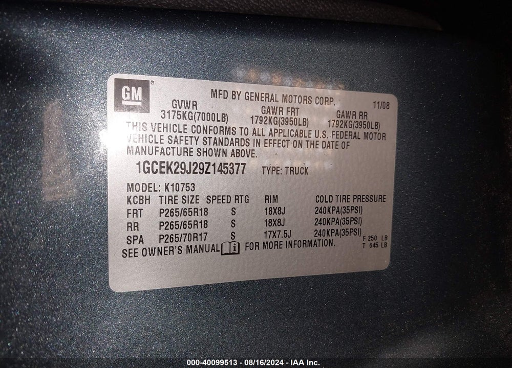 2009 CHEVROLET SILVERADO 1500 LT VIN: 1GCEK29J29Z145377