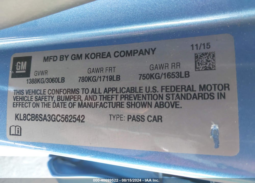 2016 CHEVROLET SPARK LS CVT VIN: KL8CB6SA3GC562542
