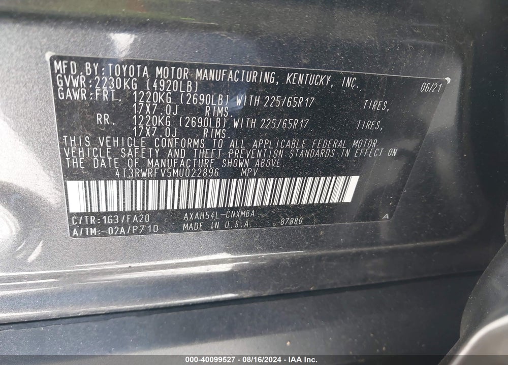 2021 TOYOTA RAV4 HYBRID XLE VIN: 4T3RWRFV5MU022896