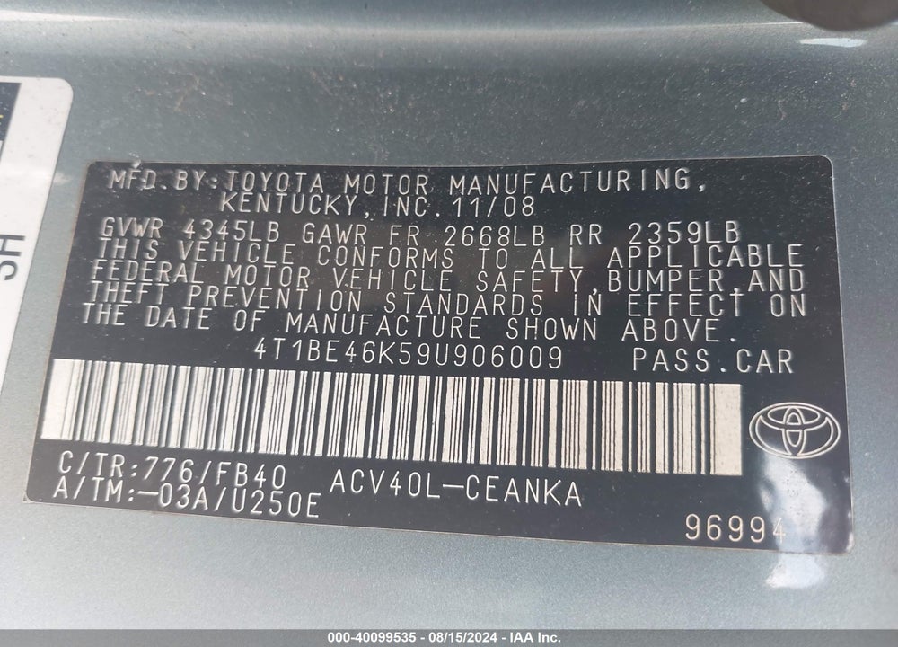 2009 TOYOTA CAMRY LE VIN: 4T1BE46K59U906009