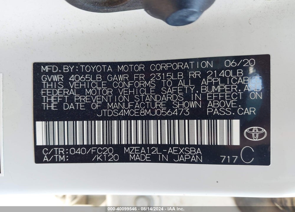 2021 TOYOTA COROLLA SE VIN: JTDS4MCE8MJ056473