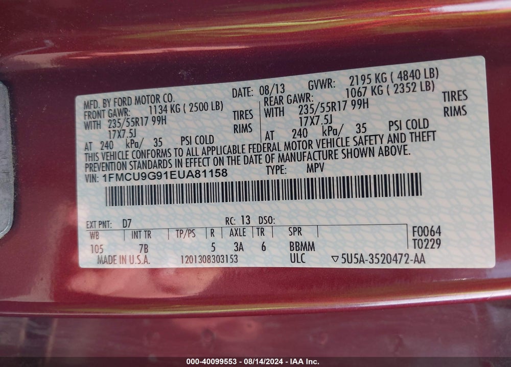 2014 FORD ESCAPE SE VIN: 1FMCU9G91EUA81158