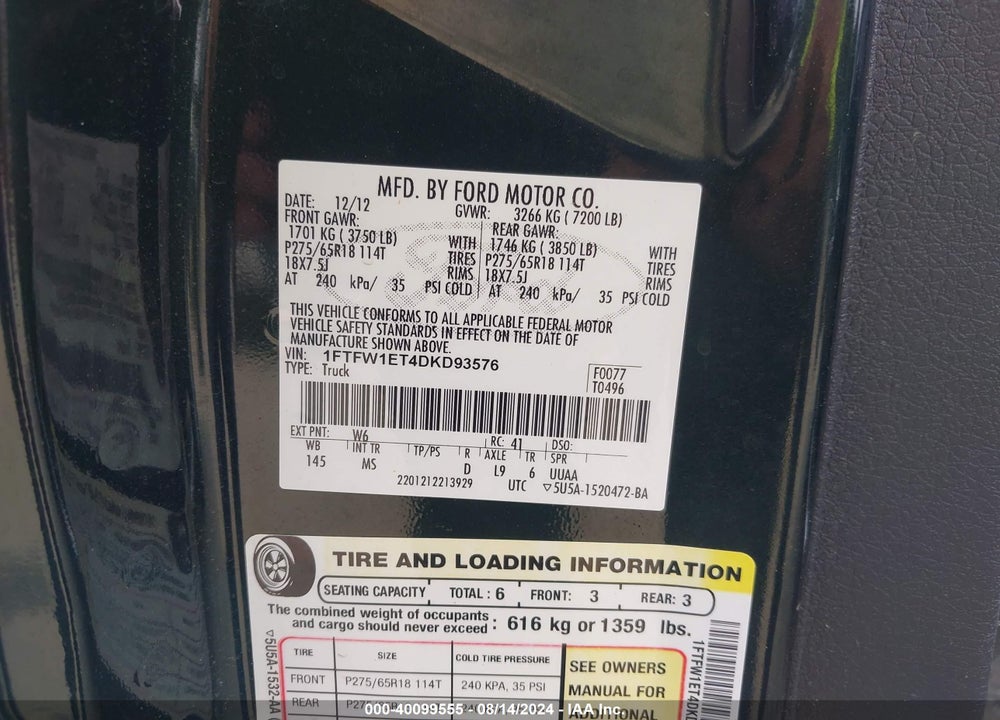 2013 FORD F-150 XLT VIN: 1FTFW1ET4DKD93576