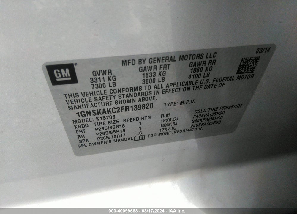 2015 CHEVROLET TAHOE LS VIN: 1GNSKAKC2FR139820