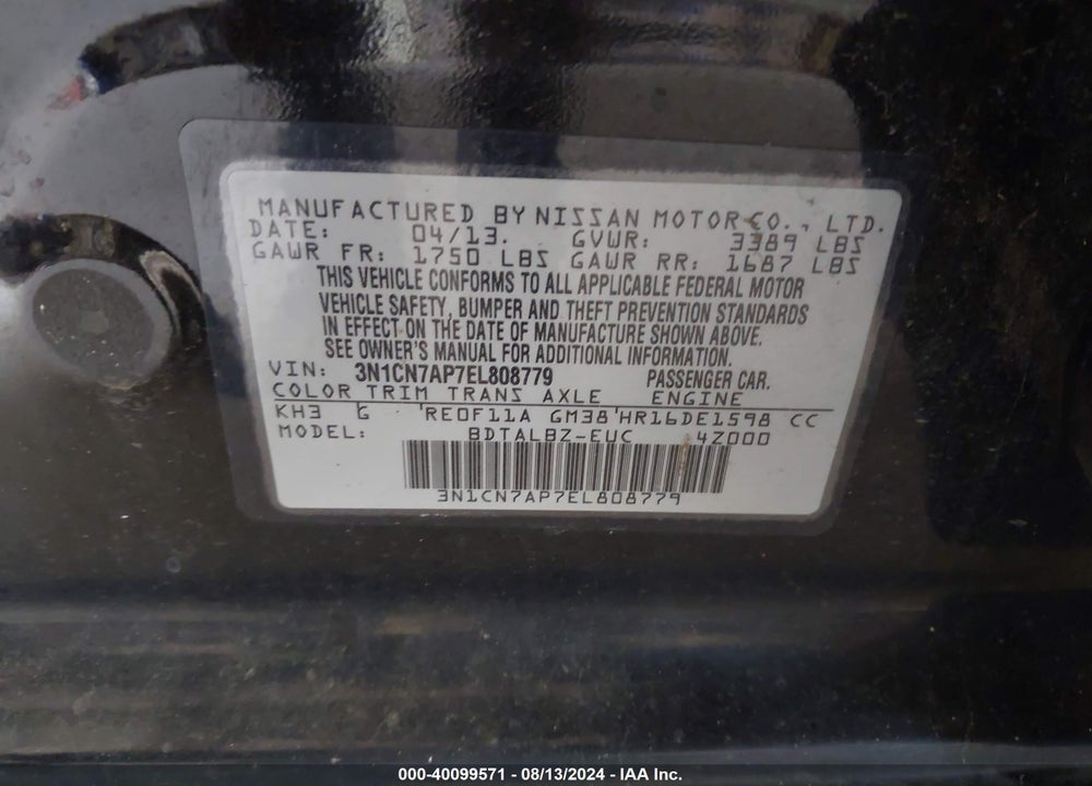 2014 NISSAN VERSA 1.6 SV VIN: 3N1CN7AP7EL808779