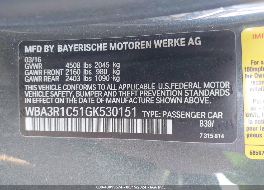 2016 BMW 435I VIN: WBA3R1C51GK530151
