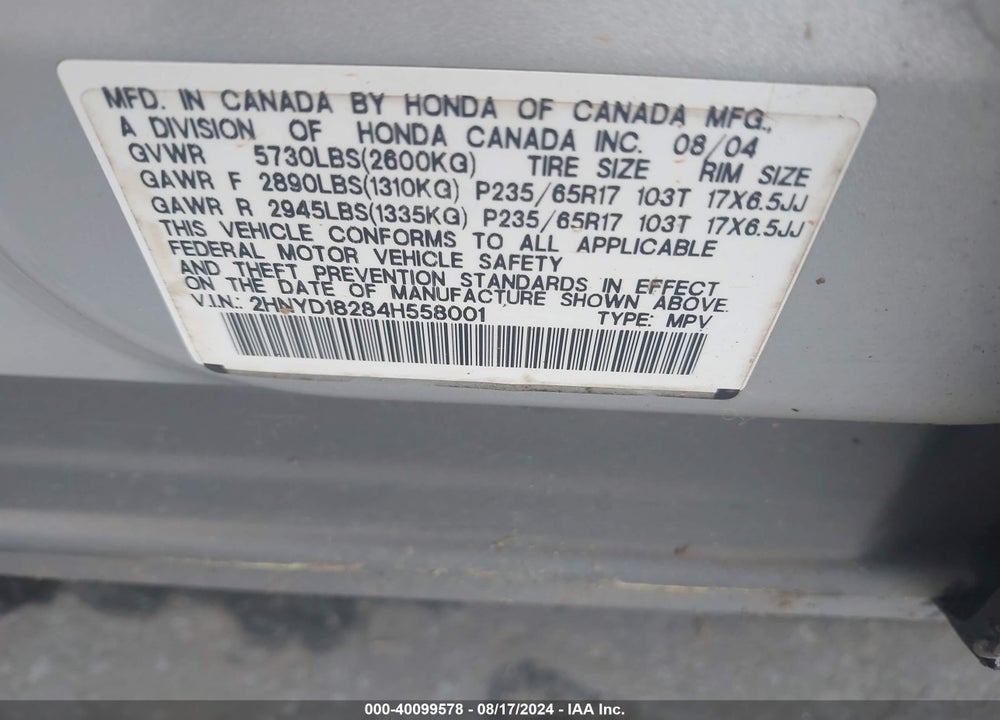 2004 ACURA MDX VIN: 2HNYD18284H558001
