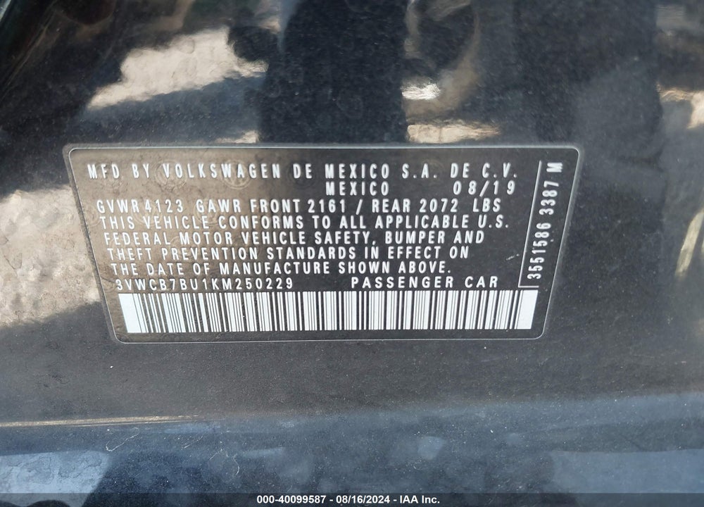 2019 VOLKSWAGEN JETTA 1.4T R-LINE/1.4T S/1.4T SE VIN: 3VWCB7BU1KM250229