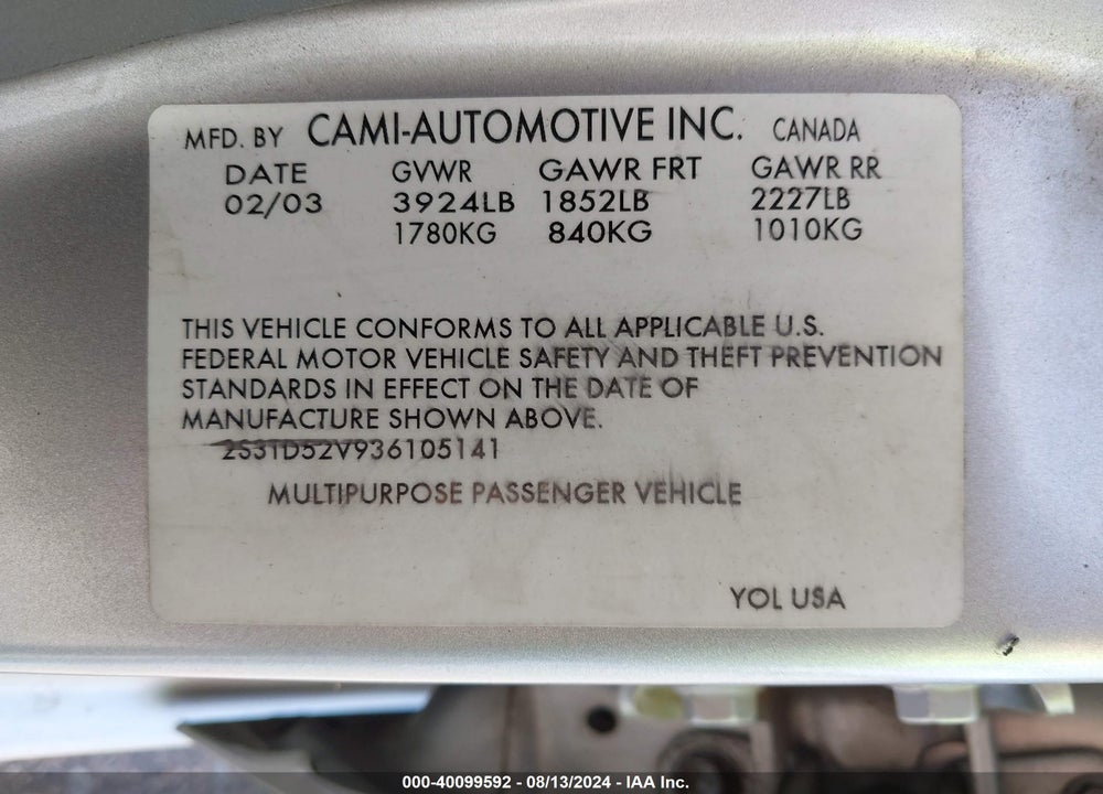 2003 SUZUKI VITARA VIN: 2S3TD52V936105141