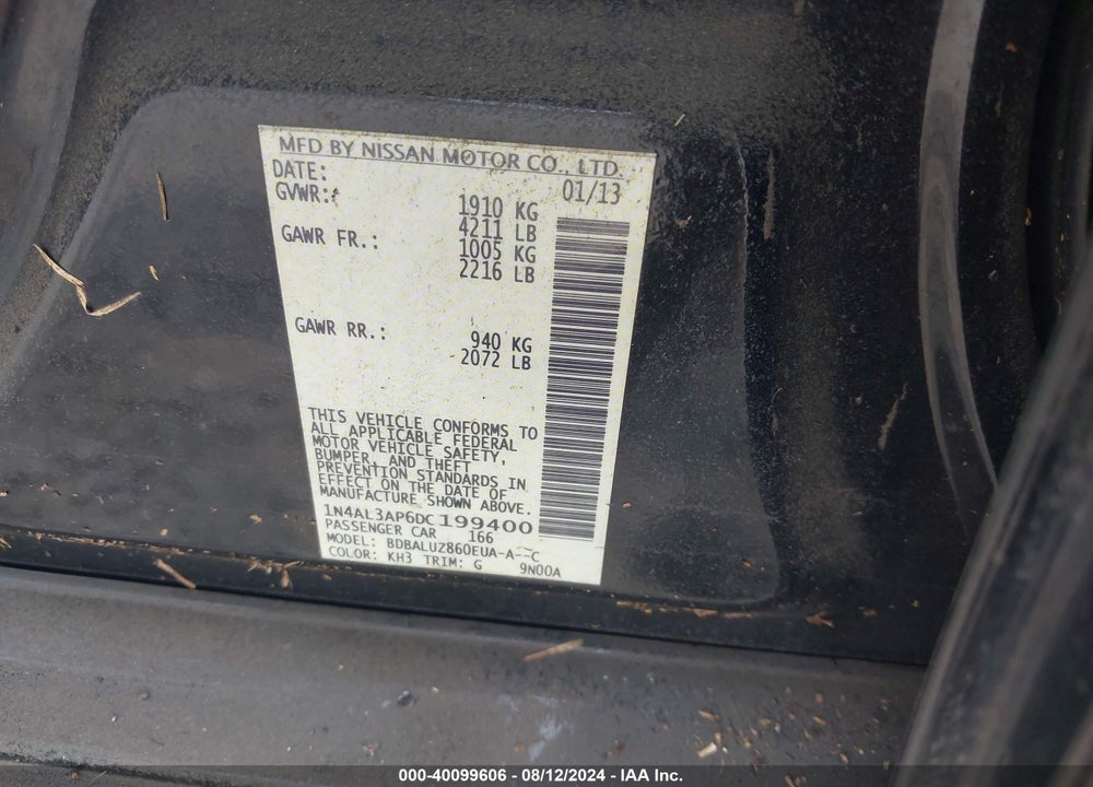 2013 NISSAN ALTIMA 2.5 SV VIN: 1N4AL3AP6DC199400