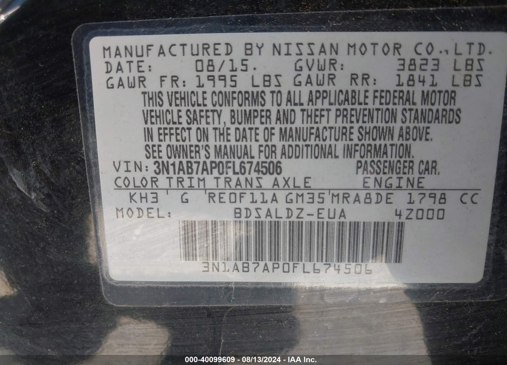 2015 NISSAN SENTRA SV VIN: 3N1AB7AP0FL674506